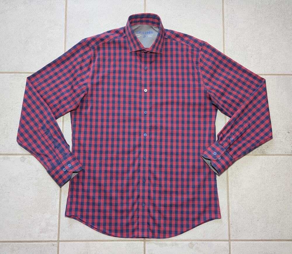 Twillory Men's 16 34-35 Performance Button Up Tailored Fit Red Navy Check